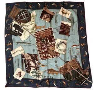 Ralph Lauren Women's Blue & Black 100% Silk Fish Print Scarf RARE fisherman